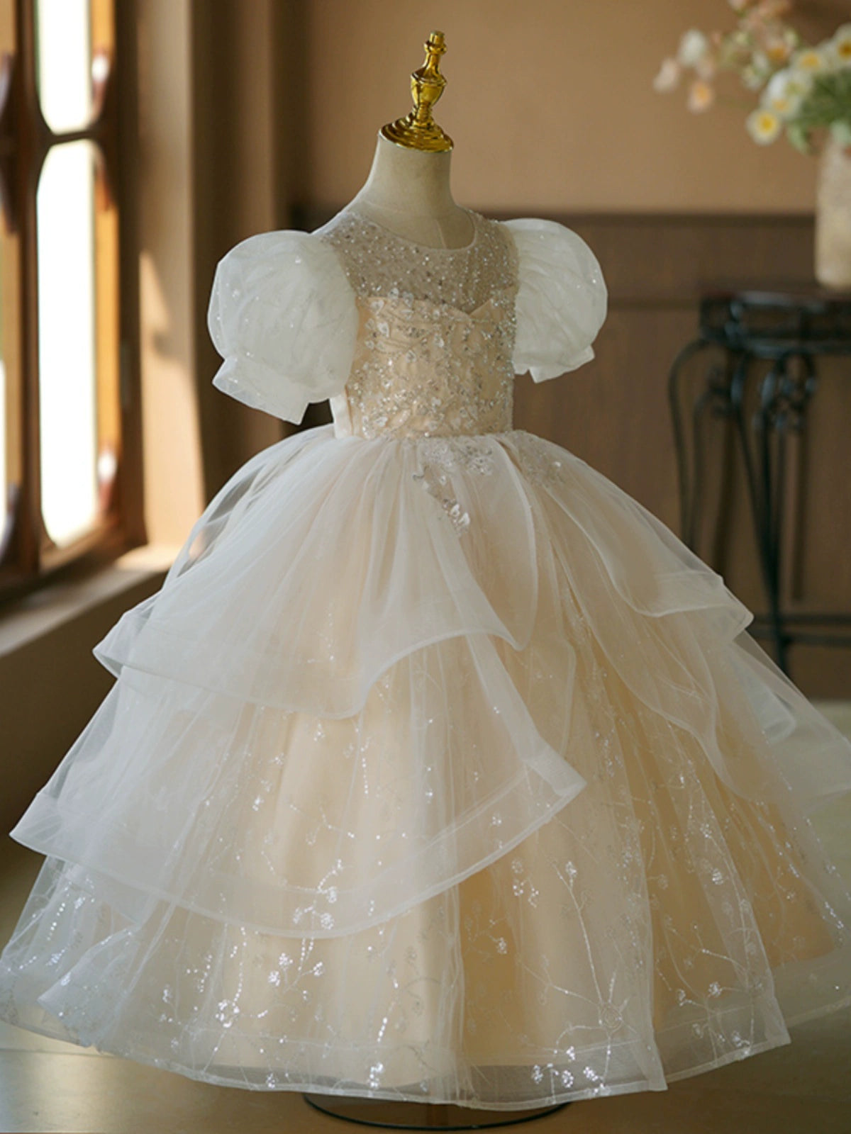 Princess White Organza Crossed Straps Baptism Cascading Ruffles Floor Length Short Sleeve Puff Sleeve Round Flower Girl Dress