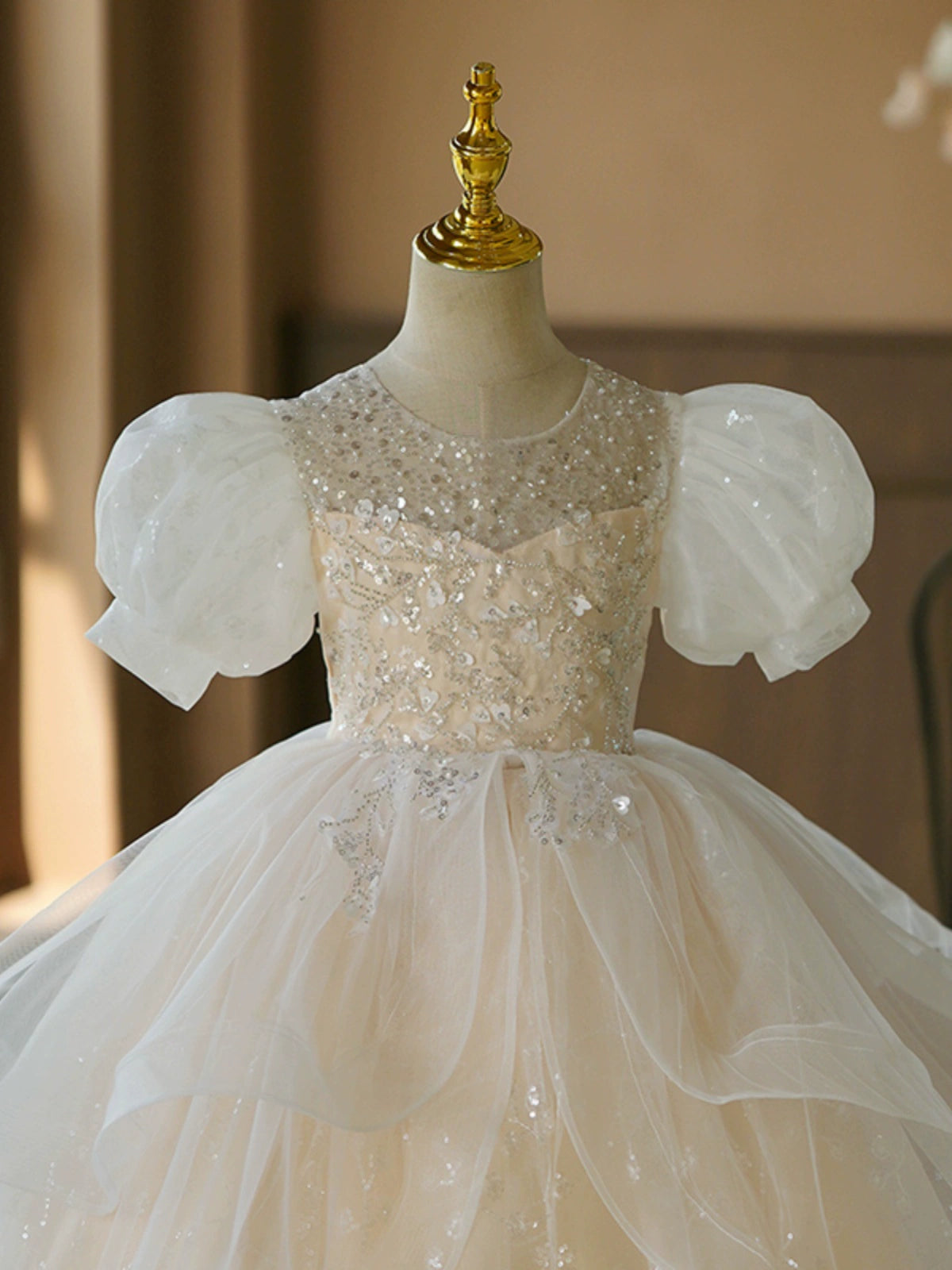 Princess White Organza Crossed Straps Baptism Cascading Ruffles Floor Length Short Sleeve Puff Sleeve Round Flower Girl Dress