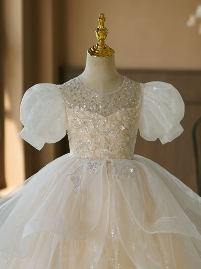 Princess White Organza Crossed Straps Baptism Cascading Ruffles Floor Length Short Sleeve Puff Sleeve Round Flower Girl Dress