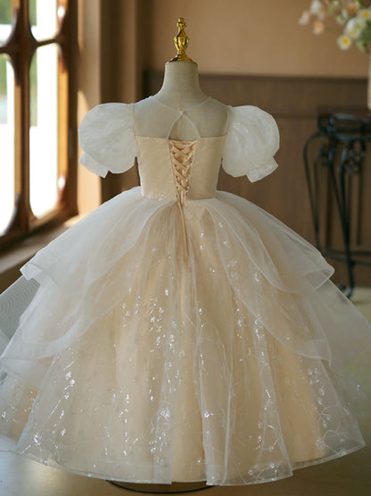 Princess White Organza Crossed Straps Baptism Cascading Ruffles Floor Length Short Sleeve Puff Sleeve Round Flower Girl Dress