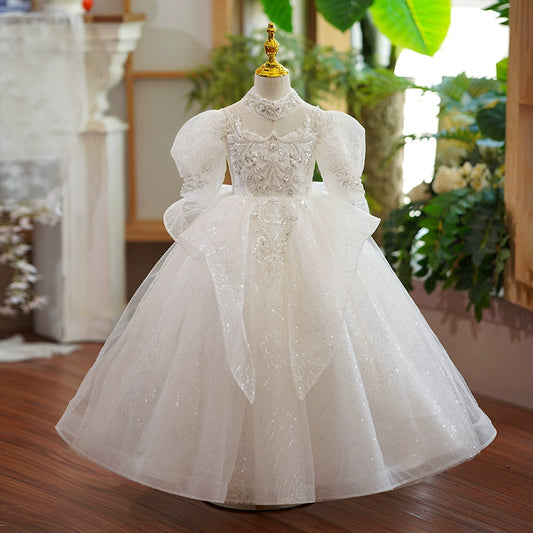 Princess White Organza Crossed Straps Baptism Lace Floor Length Long Sleeve Puff Sleeve Jewel Neck Flower Girl Dress
