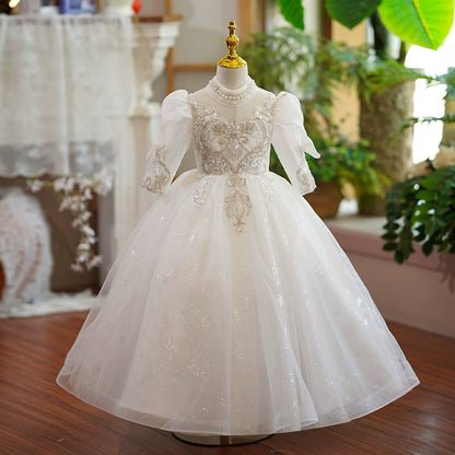 Princess White Organza Crossed Straps Baptism Lace Floor Length Long Sleeve Puff Sleeve Jewel Neck Flower Girl Dress