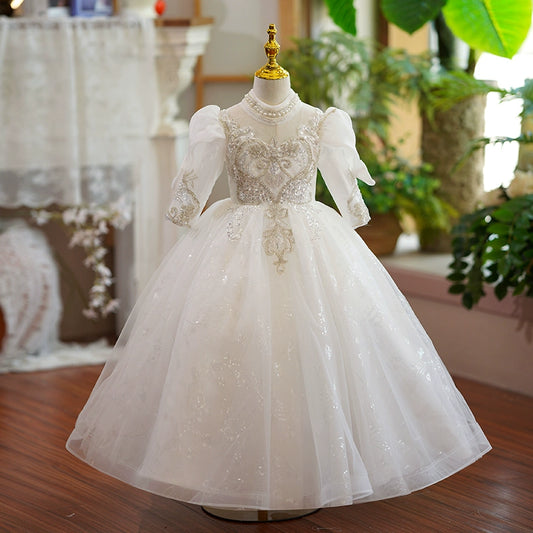 Princess White Organza Crossed Straps Baptism Lace Floor Length Long Sleeve Puff Sleeve Jewel Neck Flower Girl Dress