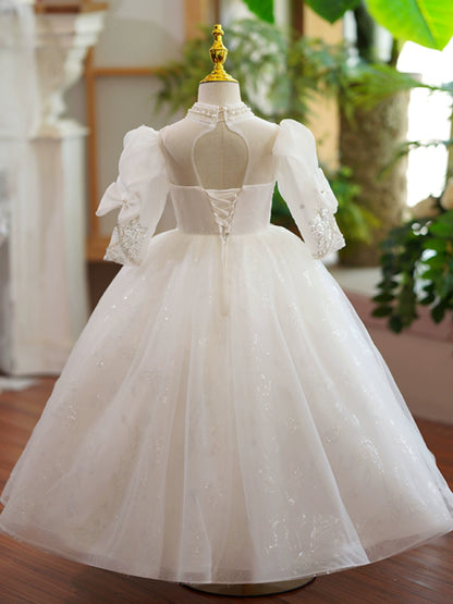 Princess White Organza Crossed Straps Baptism Lace Floor Length Long Sleeve Puff Sleeve Jewel Neck Flower Girl Dress