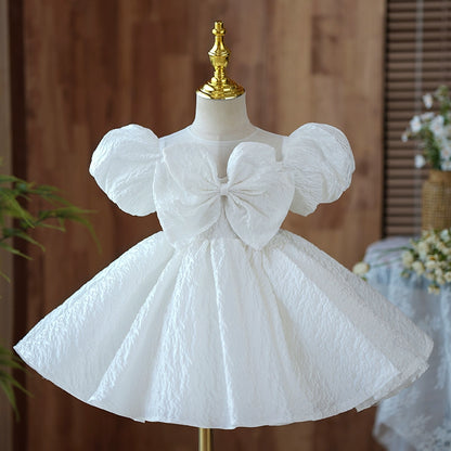 Princess White Polyester Back Zip Baptism Bow(s) Tea Length Short Sleeve Puff Sleeve Round Flower Girl Dress