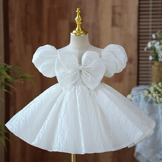 Princess White Polyester Back Zip Baptism Bow(s) Tea Length Short Sleeve Puff Sleeve Round Flower Girl Dress