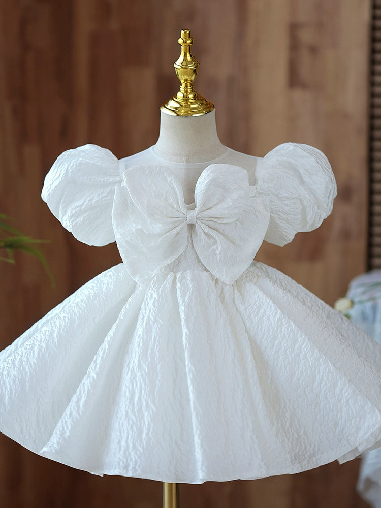Princess White Polyester Back Zip Baptism Bow(s) Tea Length Short Sleeve Puff Sleeve Round Flower Girl Dress