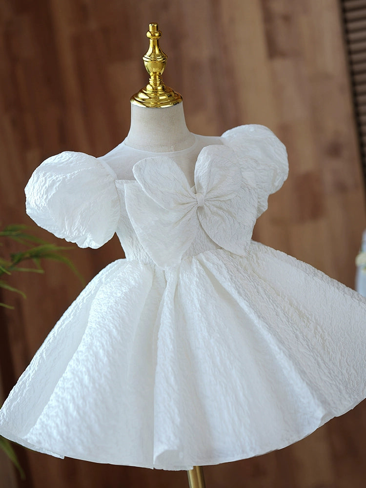 Princess White Polyester Back Zip Baptism Bow(s) Tea Length Short Sleeve Puff Sleeve Round Flower Girl Dress