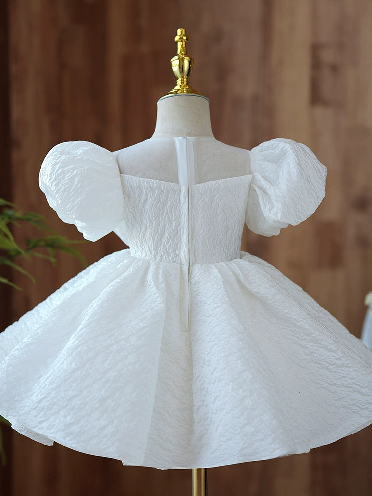 Princess White Polyester Back Zip Baptism Bow(s) Tea Length Short Sleeve Puff Sleeve Round Flower Girl Dress