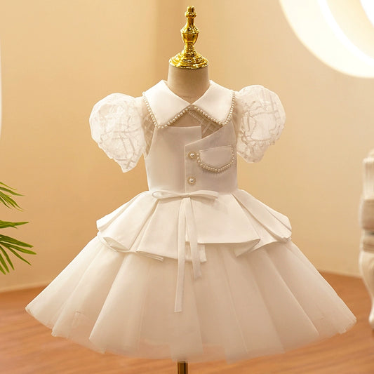 Princess White Satin Back Zip Baptism Beaded Tea Length Short Sleeve Lantern Sleeve Collared Neck Flower Girl Dress