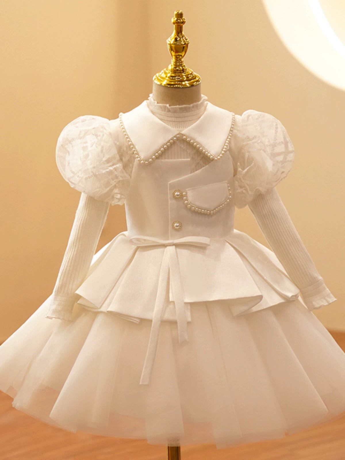 Princess White Satin Back Zip Baptism Beaded Tea Length Short Sleeve Lantern Sleeve Collared Neck Flower Girl Dress