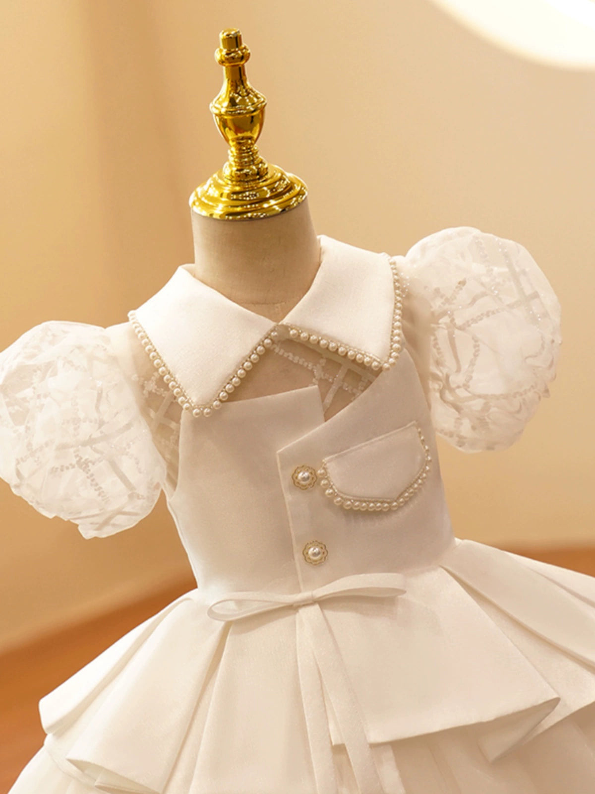 Princess White Satin Back Zip Baptism Beaded Tea Length Short Sleeve Lantern Sleeve Collared Neck Flower Girl Dress