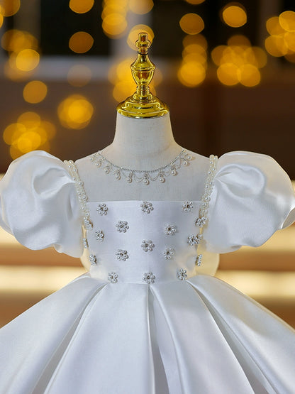 Princess White Satin Back Zip Baptism Beaded Tea Length Short Sleeve Puff Sleeve Square Flower Girl Dress