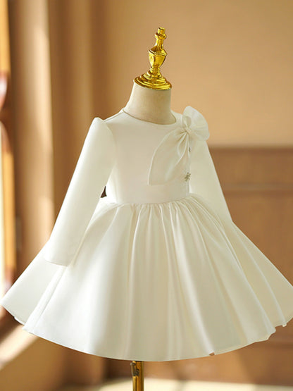 Princess White Satin Back Zip Baptism Bow(s) Long Sleeve Round Flower Girl Dress