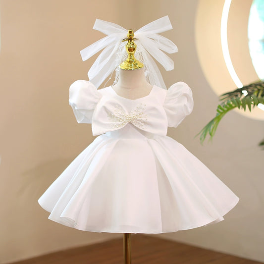 Princess White Satin Back Zip Baptism Bow(s) Tea Length Short Sleeve Puff Sleeve Square Flower Girl Dress