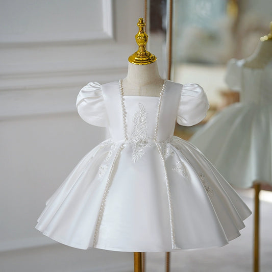 Princess White Satin Back Zip Baptism Lace Short Sleeve Puff Sleeve Square Flower Girl Dress