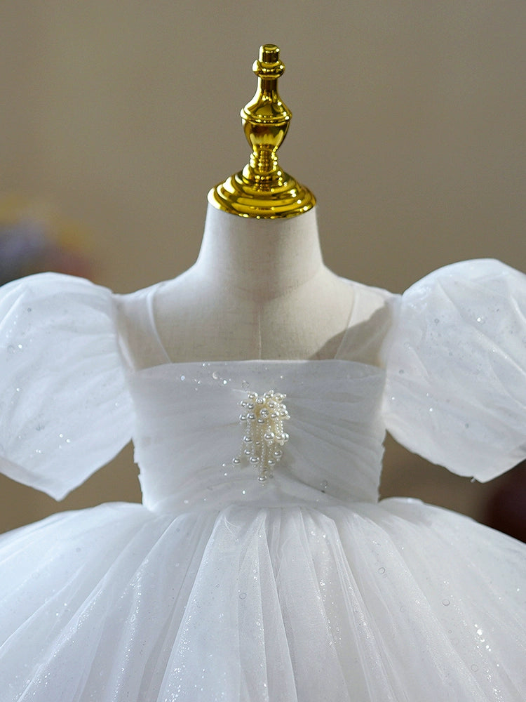 Princess White Sequined Back Zip Baptism Sequins Tea Length Short Sleeve Puff Sleeve Square Flower Girl Dress