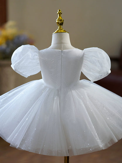 Princess White Sequined Back Zip Baptism Sequins Tea Length Short Sleeve Puff Sleeve Square Flower Girl Dress