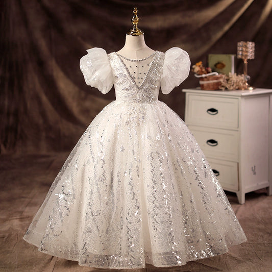 Princess White Sequined Crossed Straps Baptism Beaded Floor Length Short Sleeve Puff Sleeve Jewel Neck Flower Girl Dress