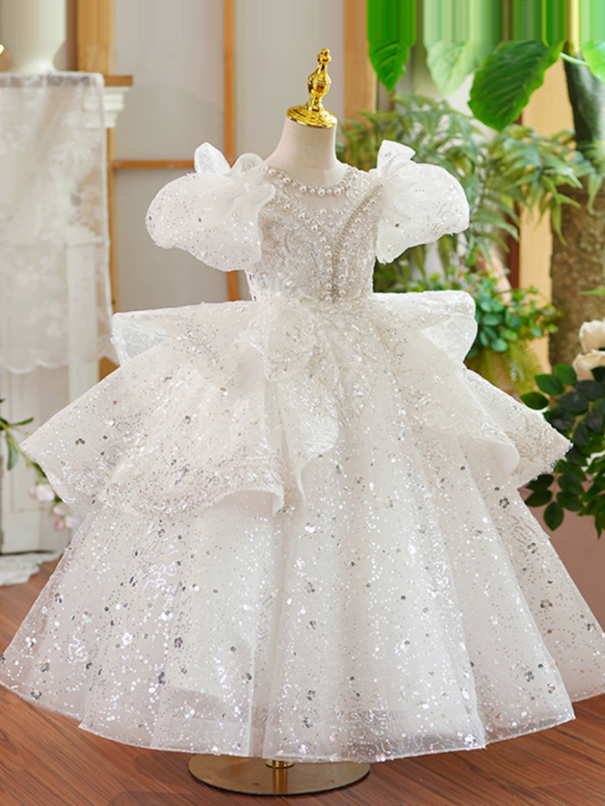 Princess White Sequined Crossed Straps Baptism Beaded Floor Length Short Sleeve Puff Sleeve Jewel Neck Flower Girl Dress