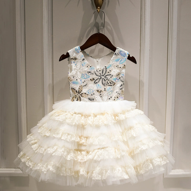 Princess White Tulle Back Zip Baptism Lace Tea Length Sleeveless Scoop Flower Girl Dress