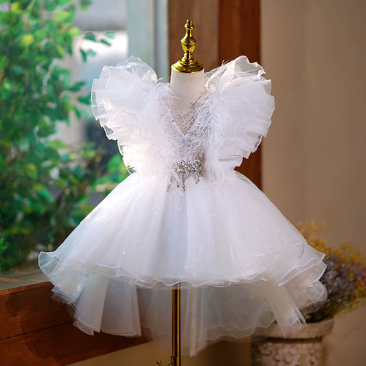 Princess White Tulle Back Zip Baptism Sequins Tea Length Short Sleeve Cap Sleeve V-Neck Flower Girl Dress