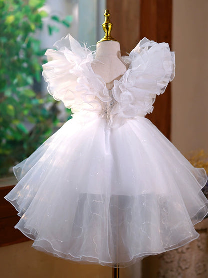Princess White Tulle Back Zip Baptism Sequins Tea Length Short Sleeve Cap Sleeve V-Neck Flower Girl Dress