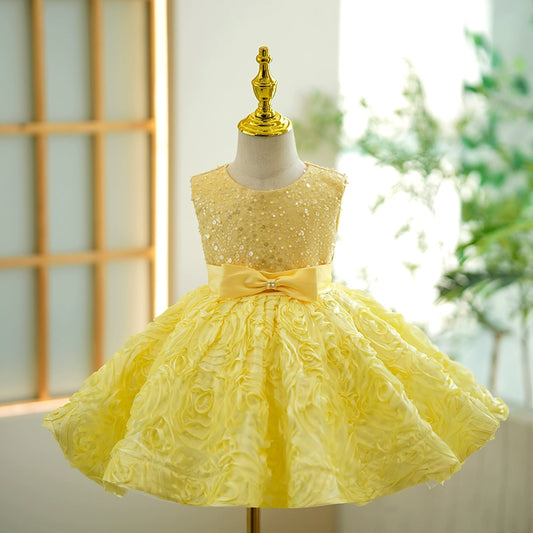 Princess Yellow Lace Back Zip Baptism Lace Tea Length Sleeveless Round Flower Girl Dress